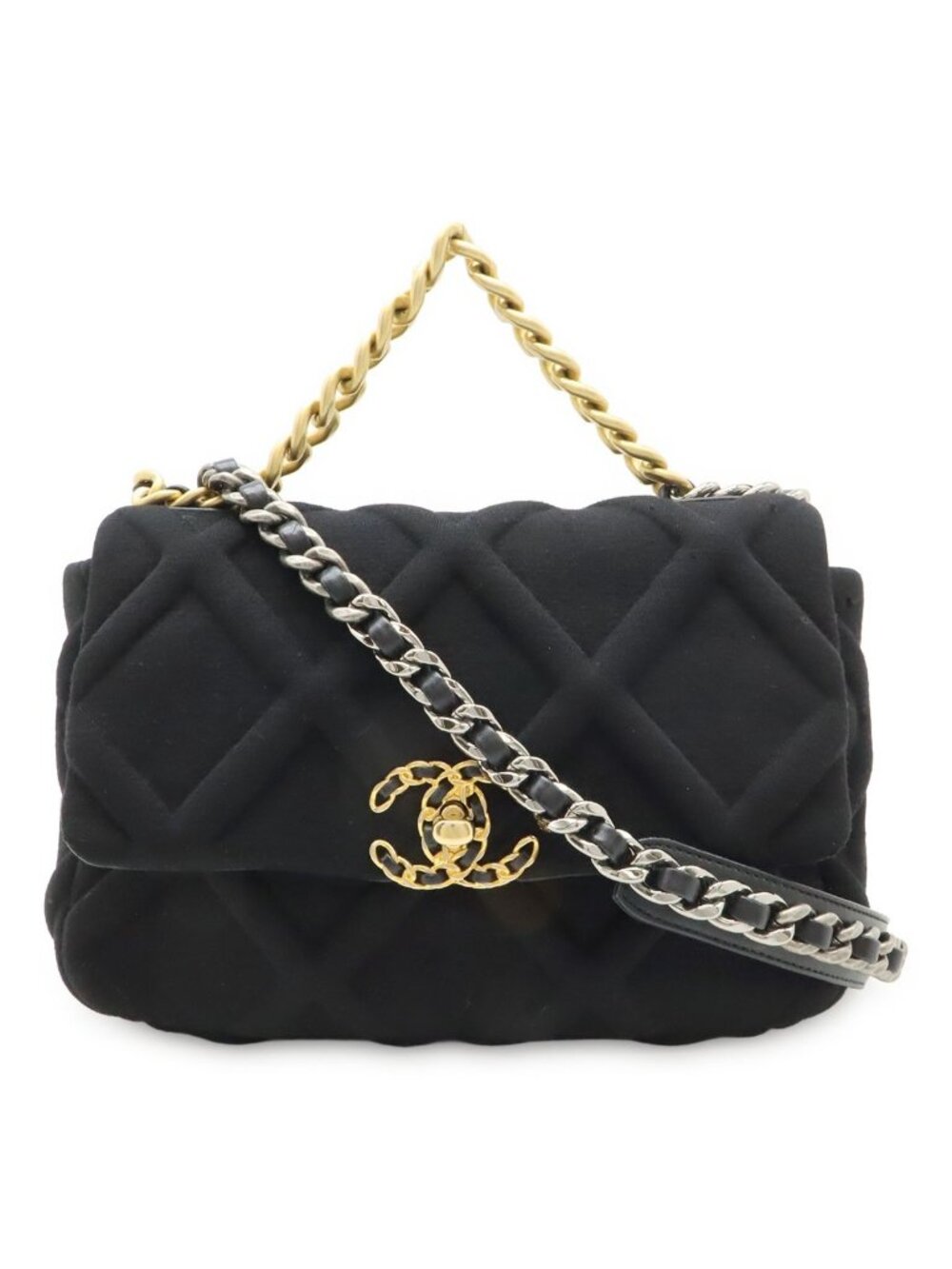 Chanel 19 Quilted CC Logo Chain Bag Cotton Jersey Black Gold Silver